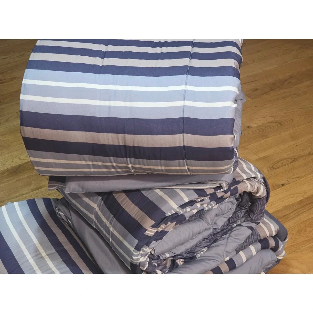 Blue Gray Striped Reversible Quilted Comforter Twin XL Nautical Bedding